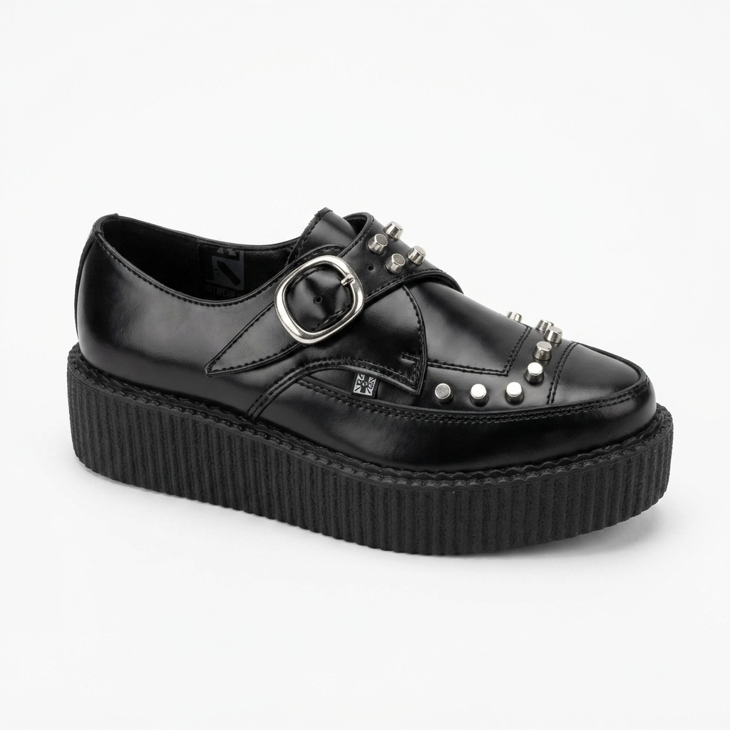 T.U.K Black Leather Monk Buckle Stud Apron Pointed Hi Creeper