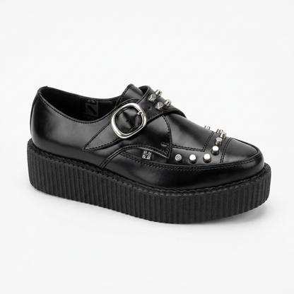 T.U.K Black Leather Monk Buckle Stud Apron Pointed Hi Creeper