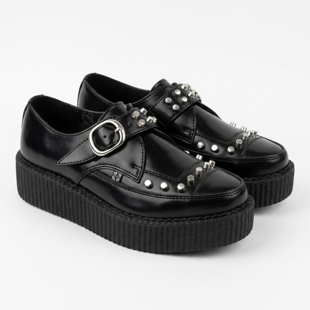 T.U.K Black Leather Monk Buckle Stud Apron Pointed Hi Creeper
