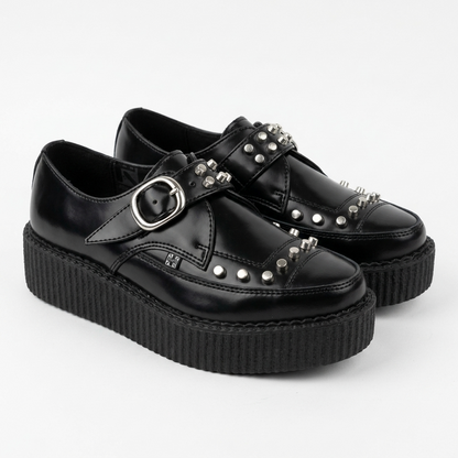T.U.K Black Leather Monk Buckle Stud Apron Pointed Hi Creeper
