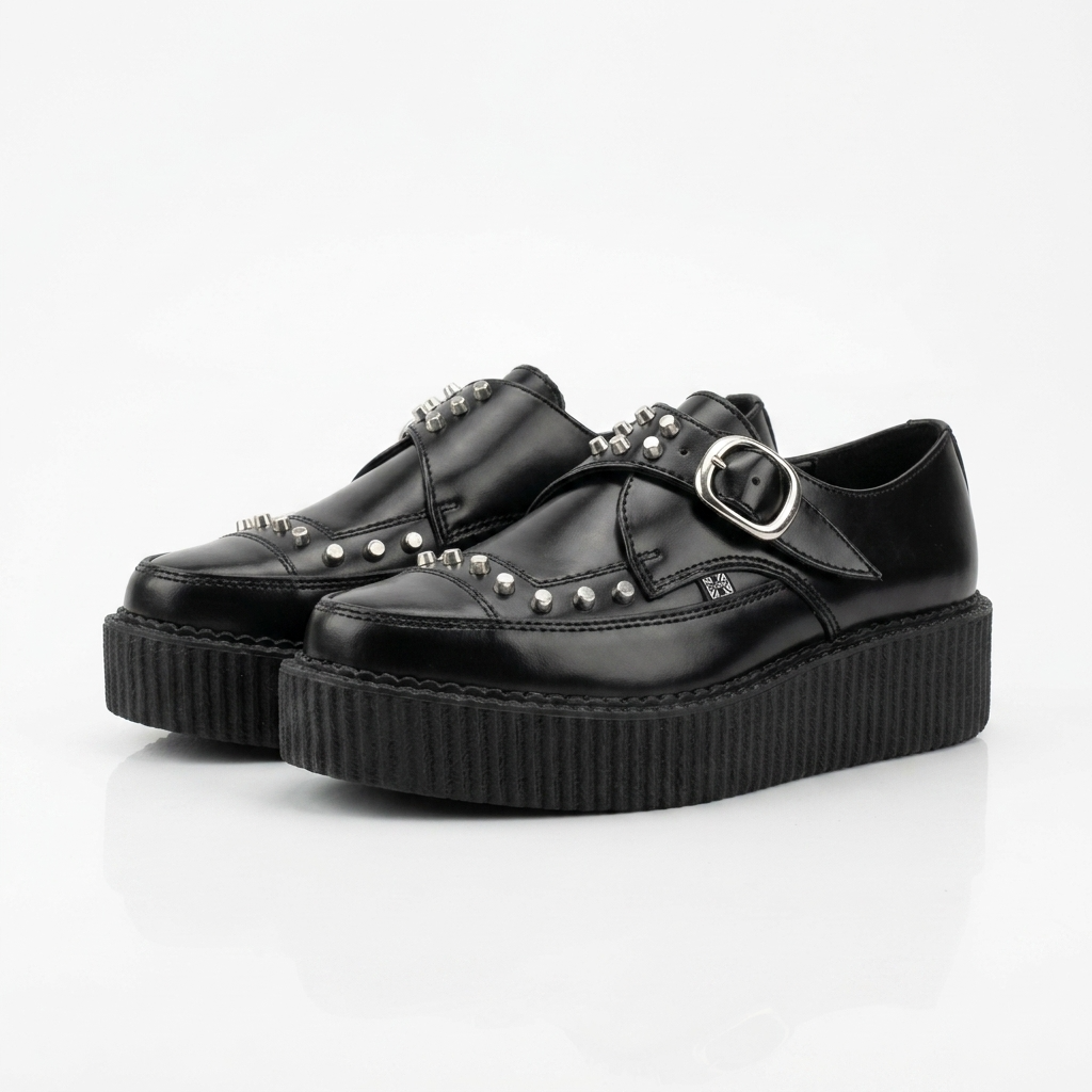T.U.K Black Leather Monk Buckle Stud Apron Pointed Hi Creeper