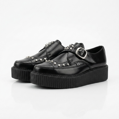 T.U.K Black Leather Monk Buckle Stud Apron Pointed Hi Creeper