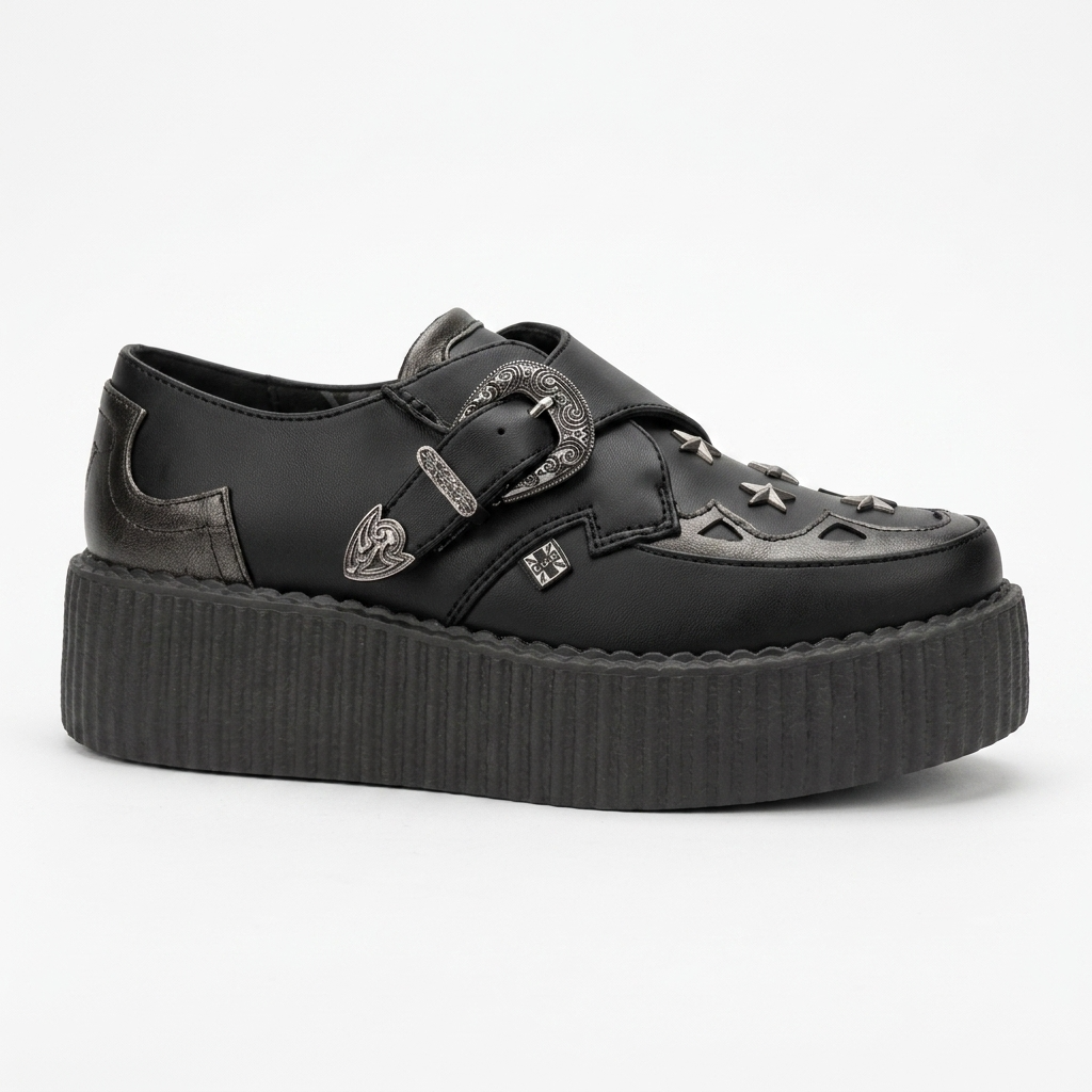 T.U.K  Black TUKskin/ Gray Detail Star Western Buckle Viva Hi Shoe