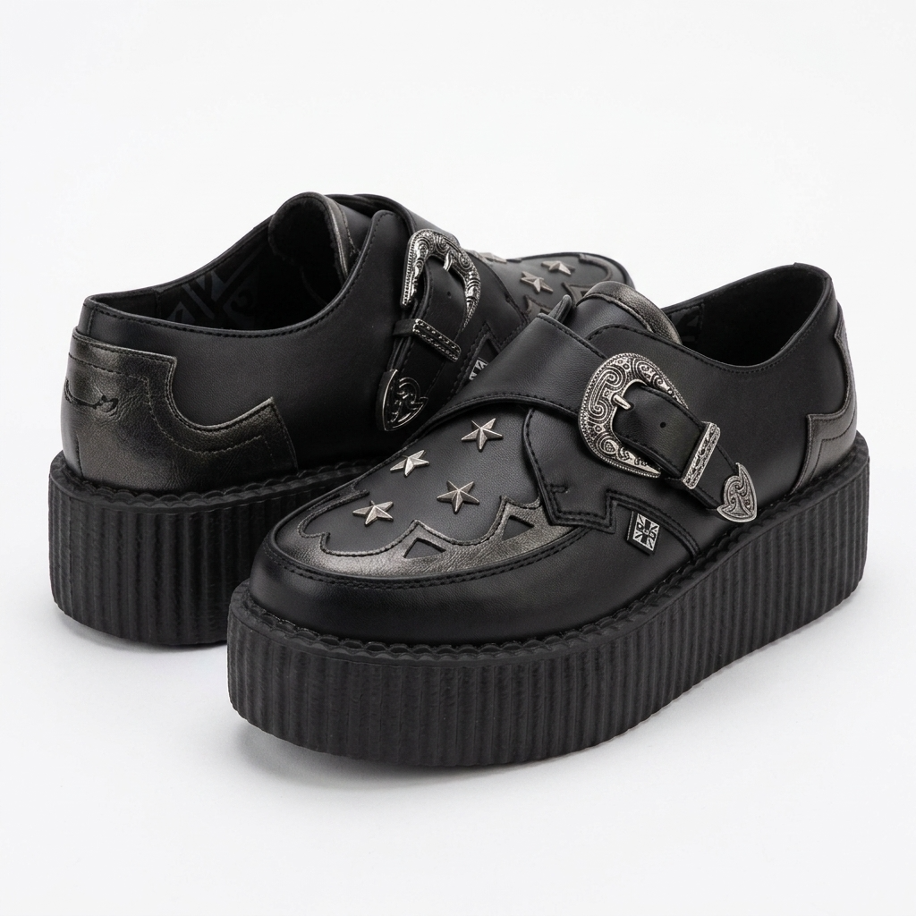 T.U.K  Black TUKskin/ Gray Detail Star Western Buckle Viva Hi Shoe
