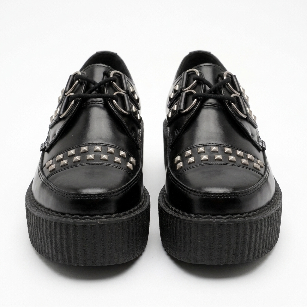 T.U.K Black Leather Tie Stud Apron Pointed HI Creeper