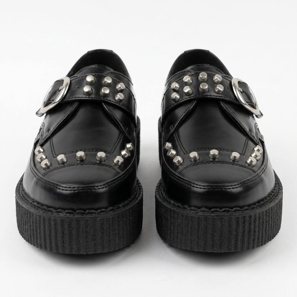 T.U.K Black Leather Monk Buckle Stud Apron Pointed Hi Creeper