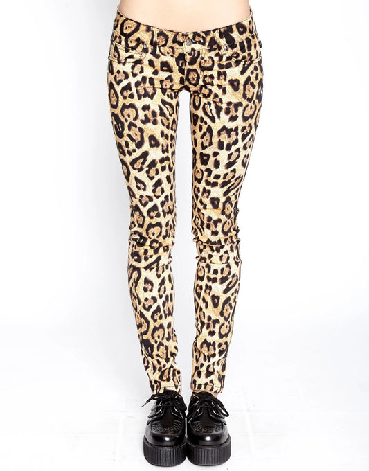 Leopard print leggings worn by a person on a white background