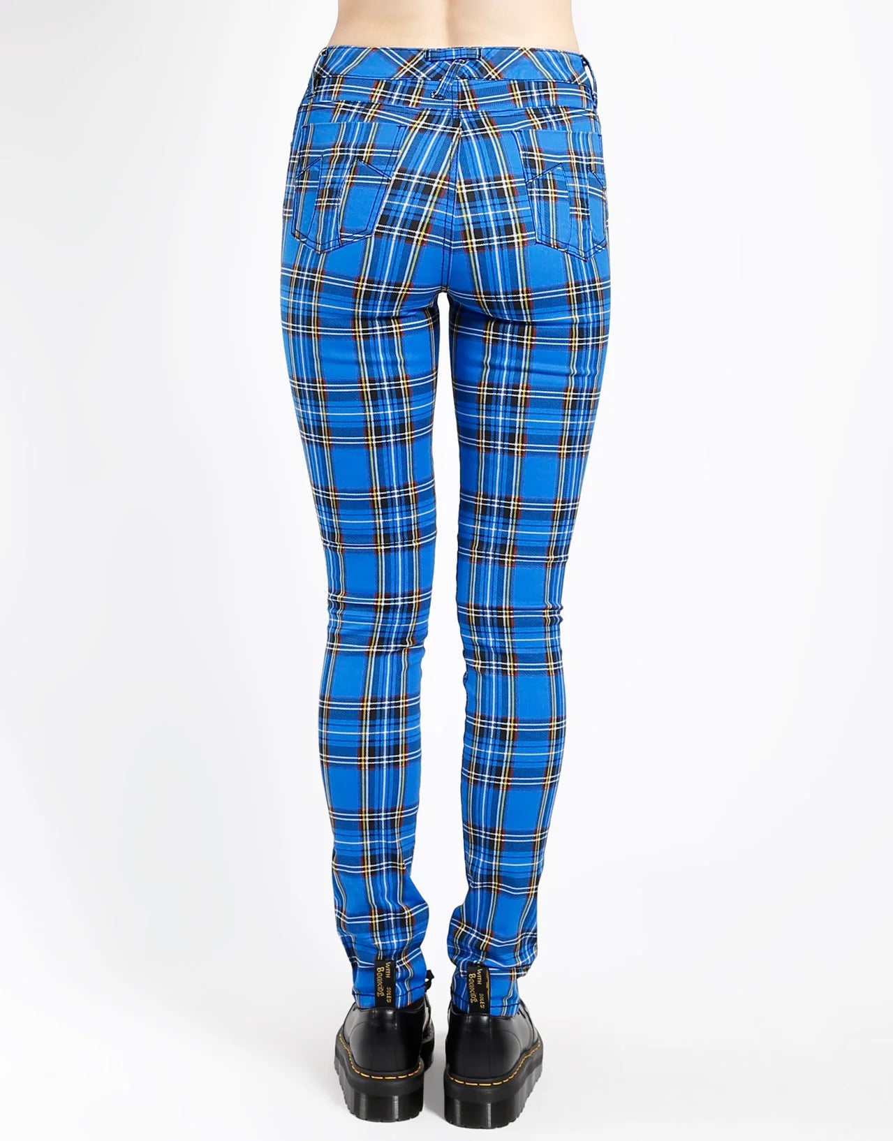 Blue plaid pants on a white background