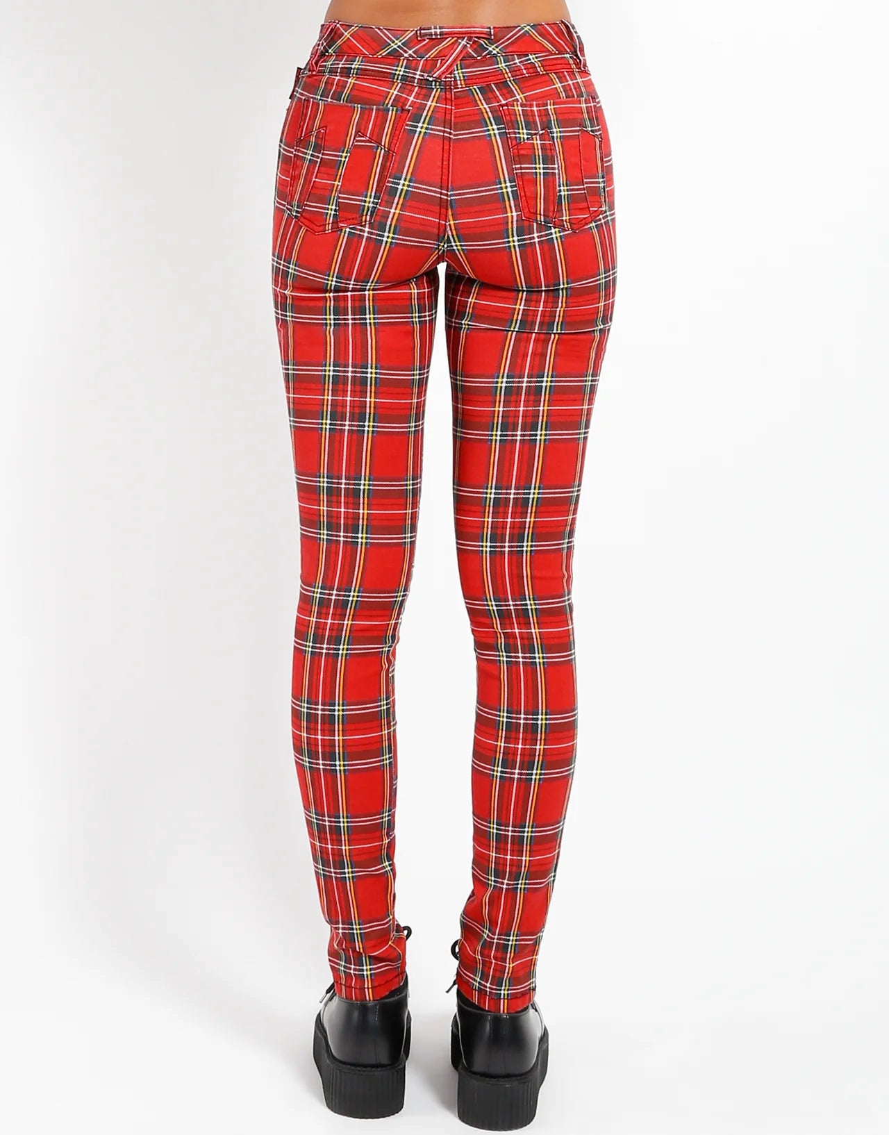 Red plaid leggings on a white background