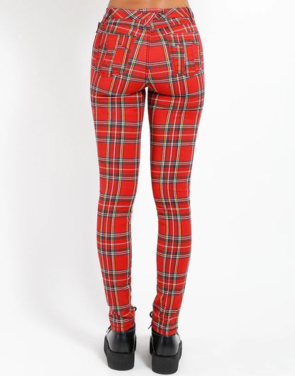 Red plaid leggings on a white background