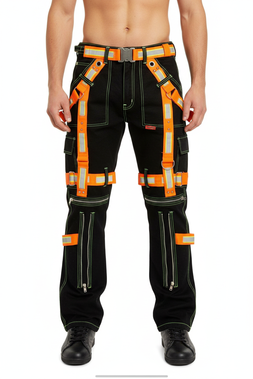 Black work pants with orange safety harness on a white background