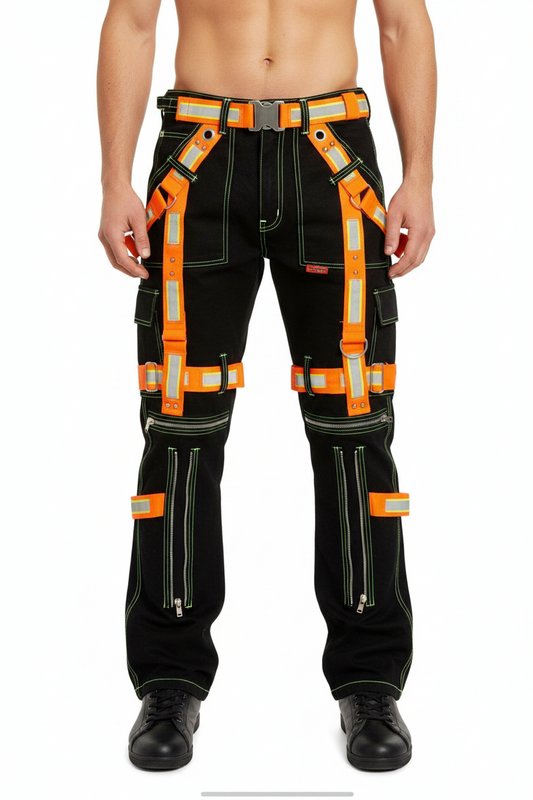 Black work pants with orange safety harness on a white background