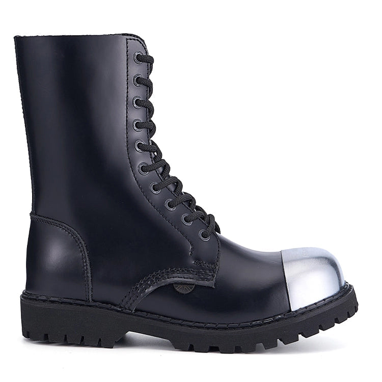 Black boot with a silver toe cap on a white background