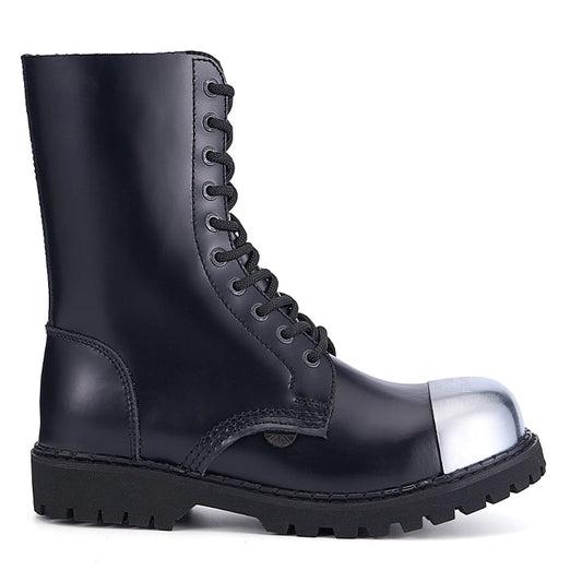 Black boot with a silver toe cap on a white background