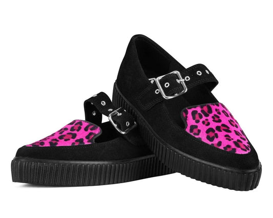 TUK Black Suede Pink Leopard Mary Jane Creeper Sneaker