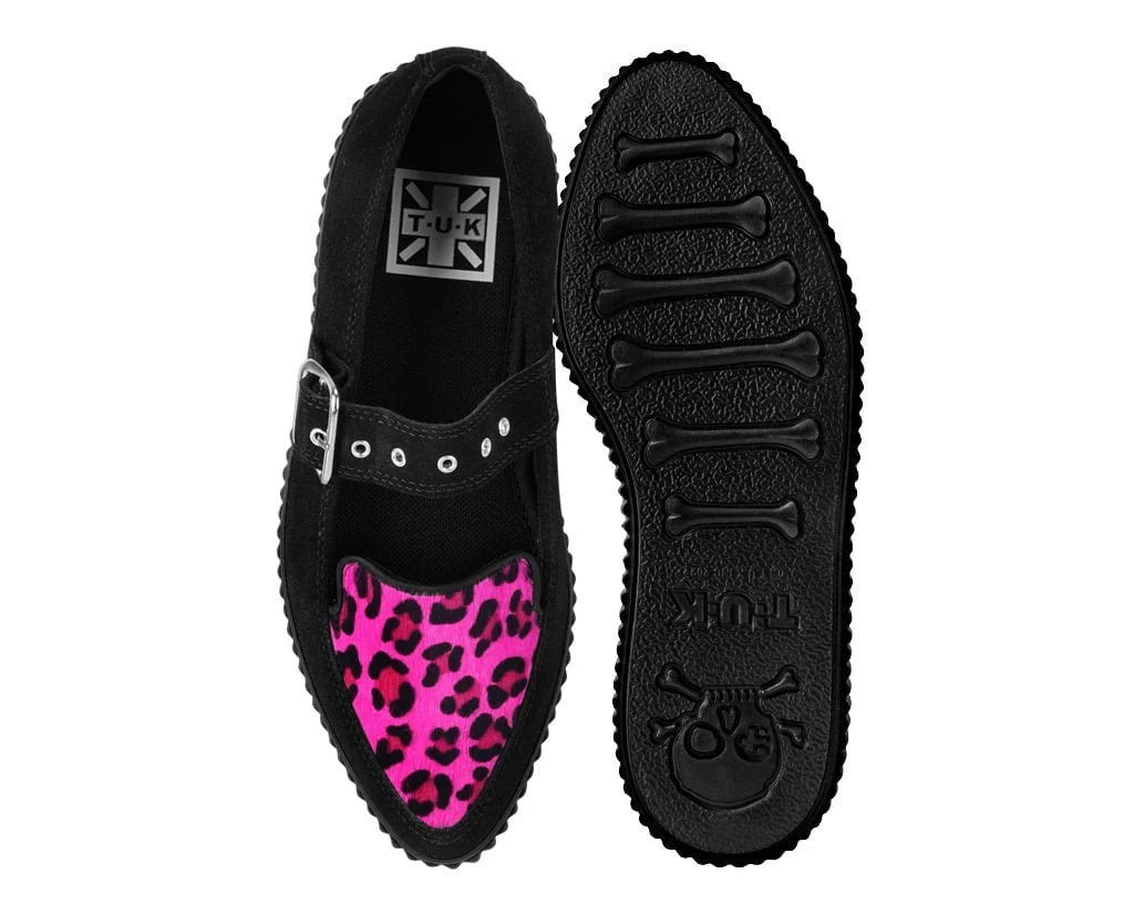 TUK Black Suede Pink Leopard Mary Jane Creeper Sneaker