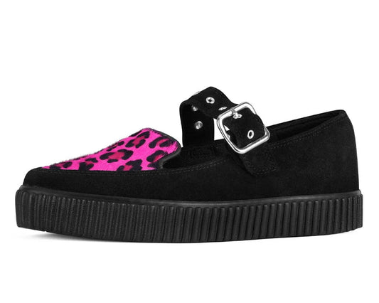 TUK Black Suede Pink Leopard Mary Jane Creeper Sneaker