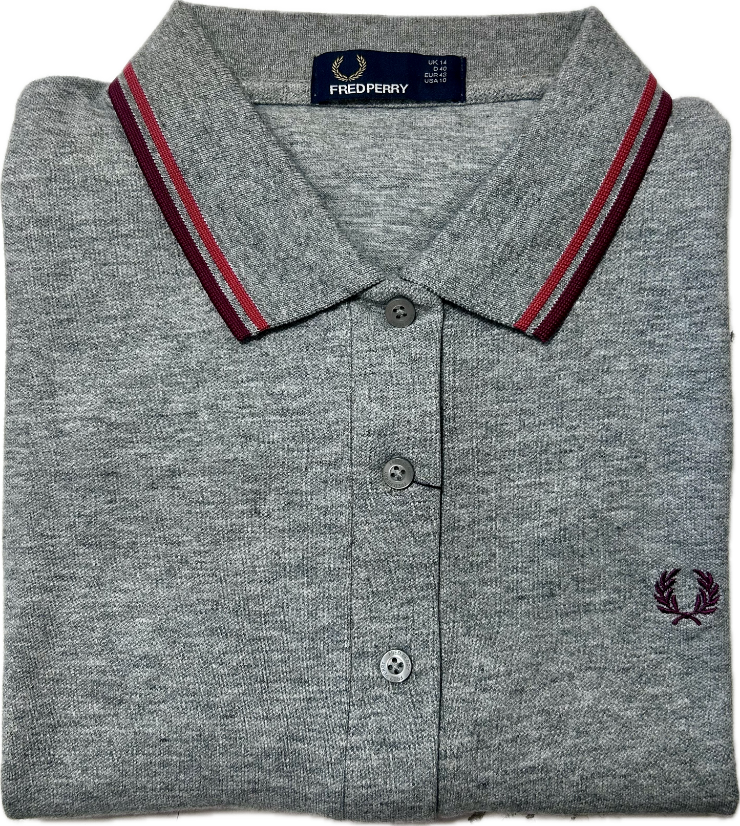 LADIES TWIN TIPPED FRED PERRY SHIRT (VINTAGE STEEL MARBLE/MAROON/RED)