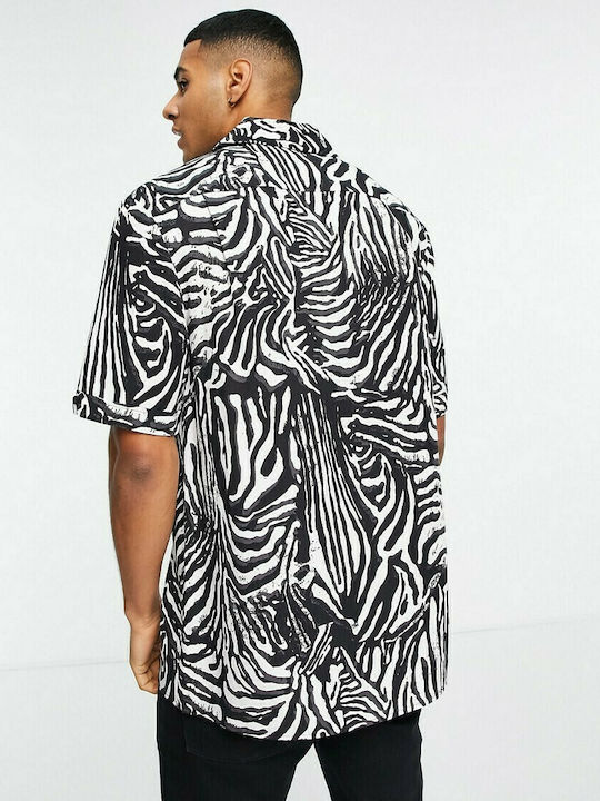 Fred Perry Zebra Print Camp Collar Short Sleeve Shirt In Black Posers Hollywood