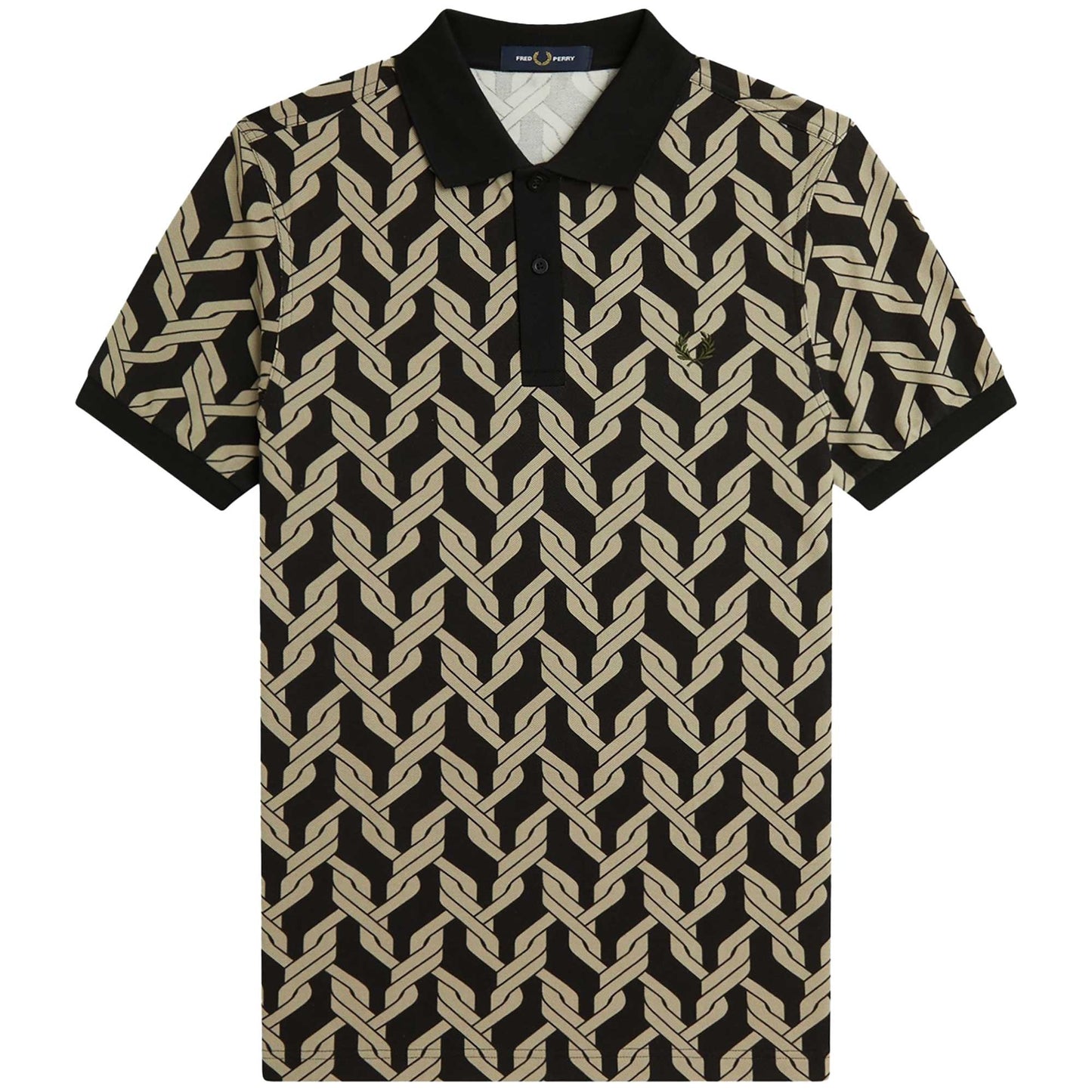 A Fred Perry cable knit print polo shirt in a geometric pattern with a collar and short sleeves.