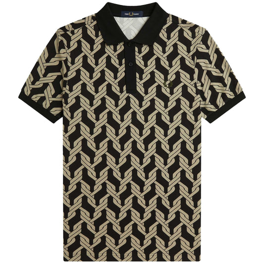 A Fred Perry cable knit print polo shirt in a geometric pattern with a collar and short sleeves.