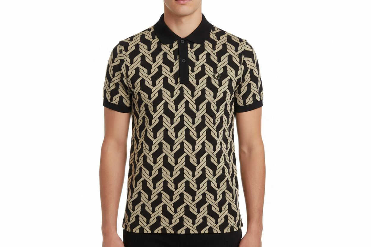Person wearing a black and beige patterned polo shirt on a white background