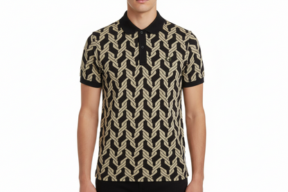 Person wearing a black and beige patterned polo shirt on a white background