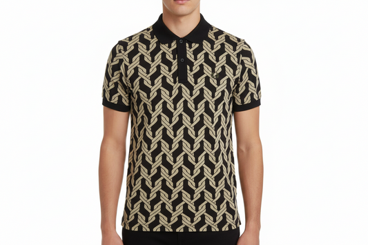 Person wearing a black and beige patterned polo shirt on a white background