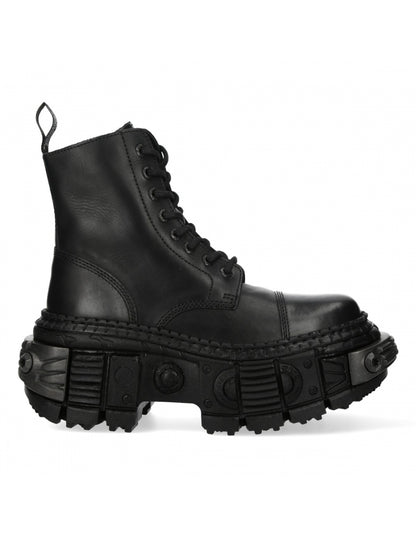 Black leather boot with thick sole on a white background