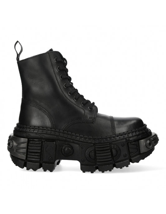 Black leather boot with thick sole on a white background