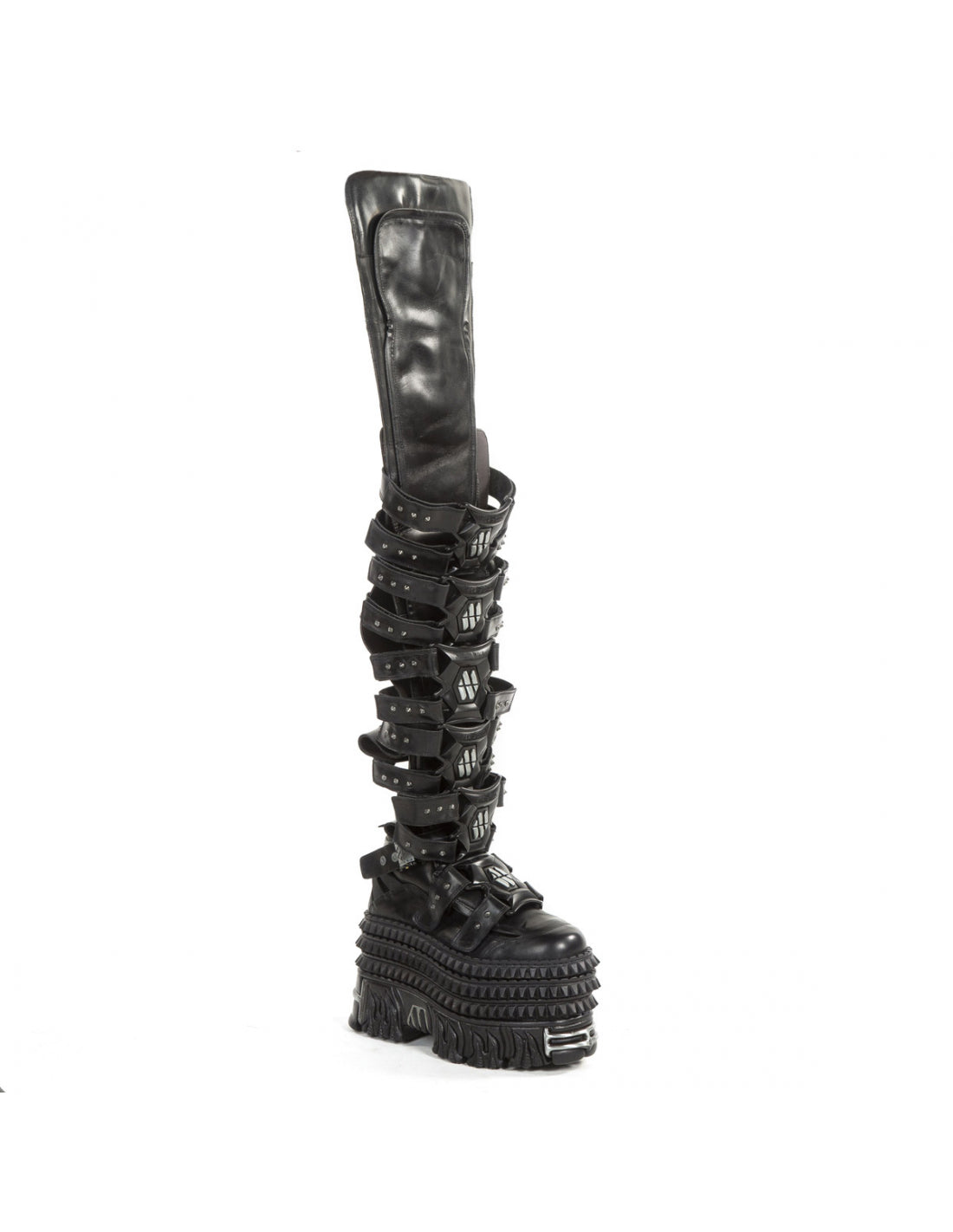 Black knee-high boot with multiple straps on a white background