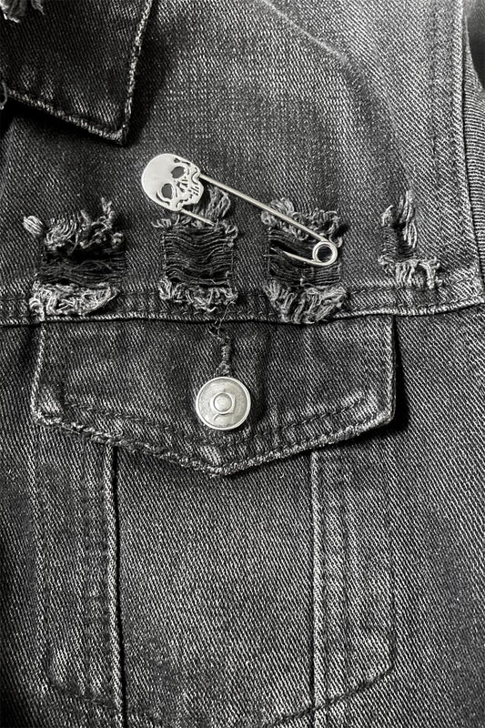 Lip Service Chrome and Black Enamel Skull Kilt Safety Pin