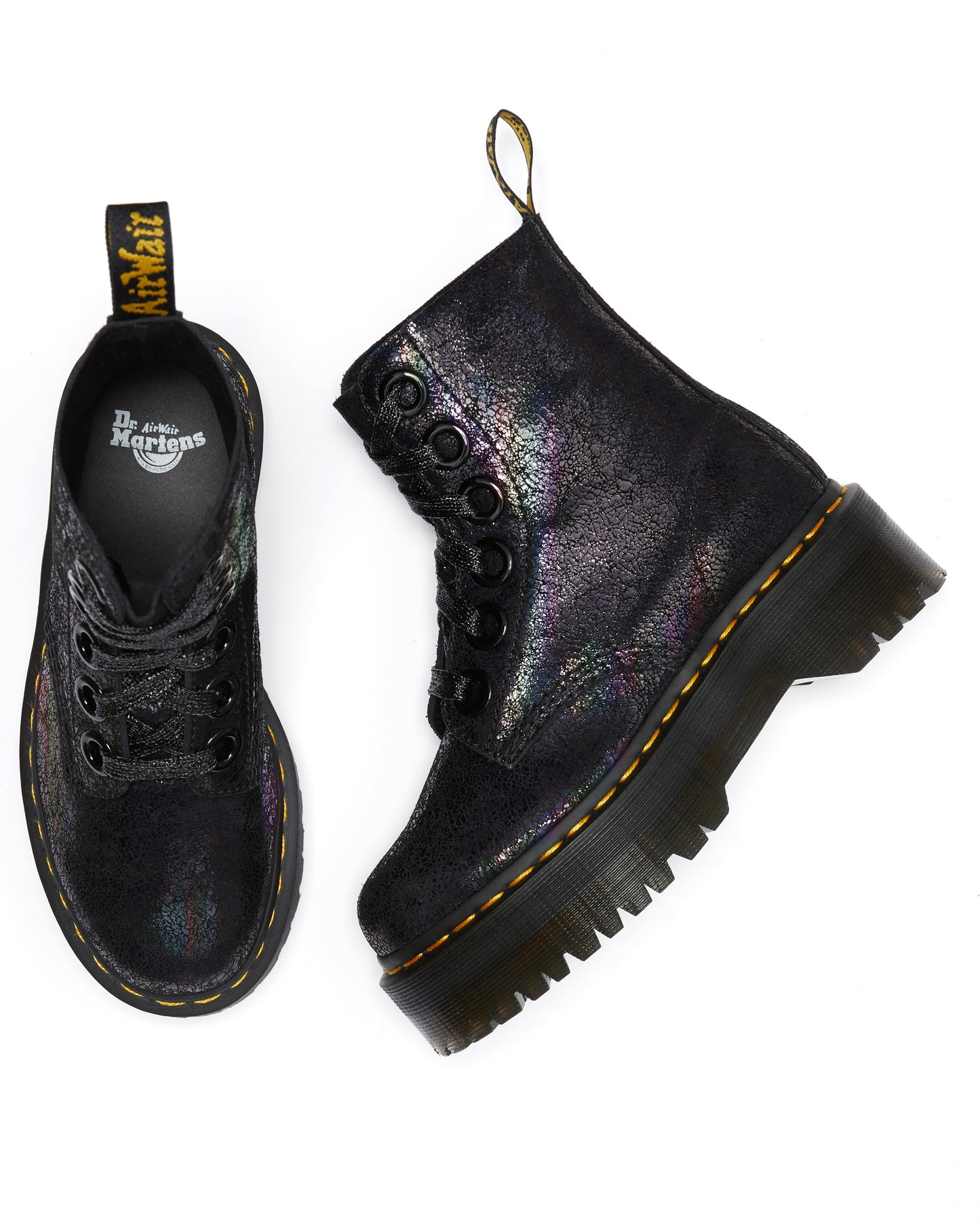 MOLLY BLACK IRIDESCENT CRACKLE LEATHER PLATFORM BOOT