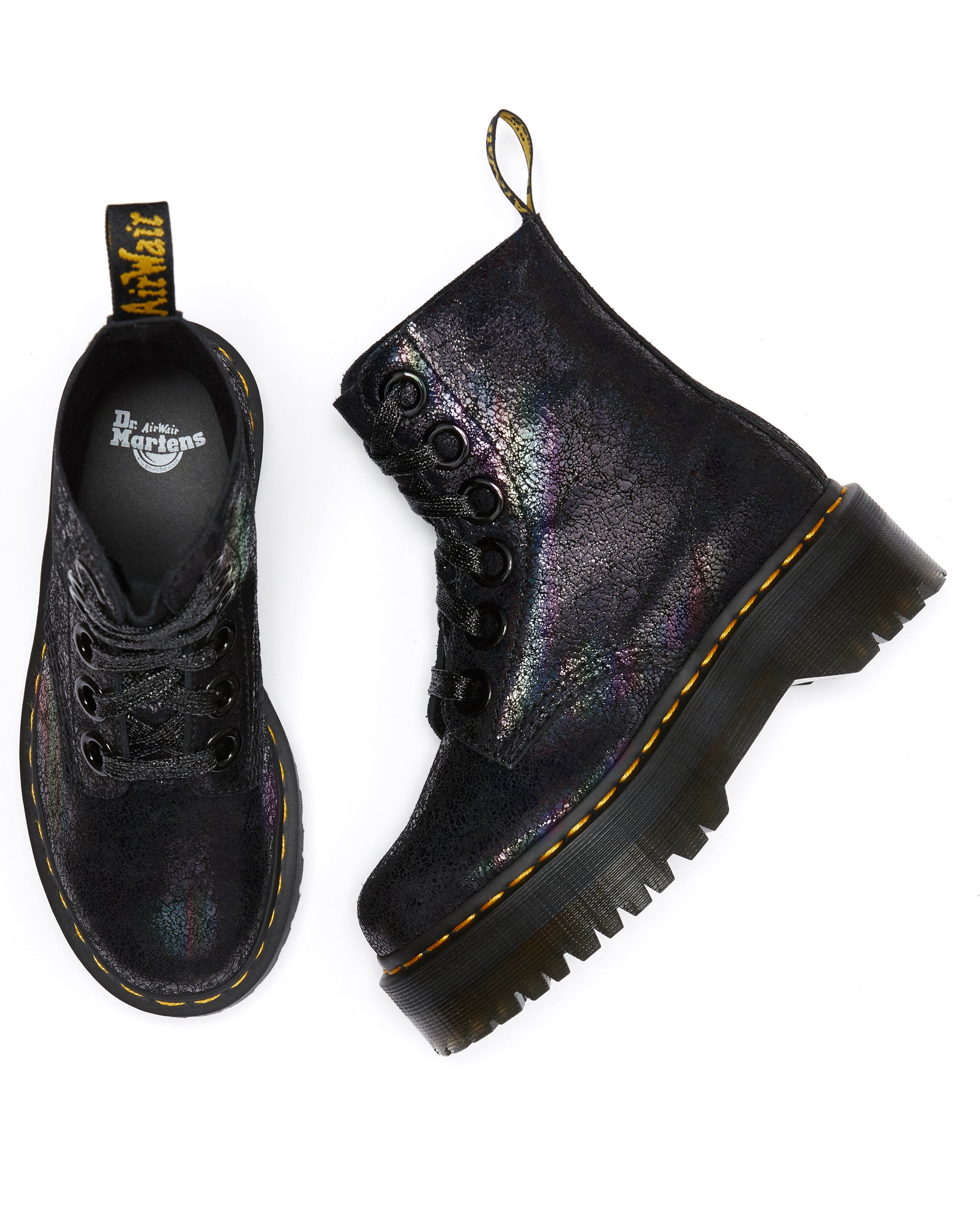 MOLLY BLACK IRIDESCENT CRACKLE LEATHER PLATFORM BOOT – Posers