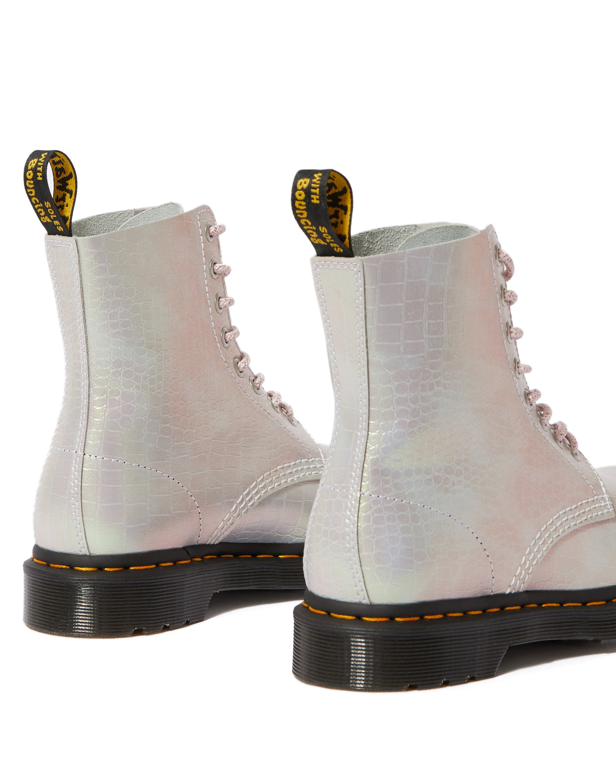 1460 PASCAL PINK IRIDESCENT CROC LEATHER BOOTS β Posers Hollywood