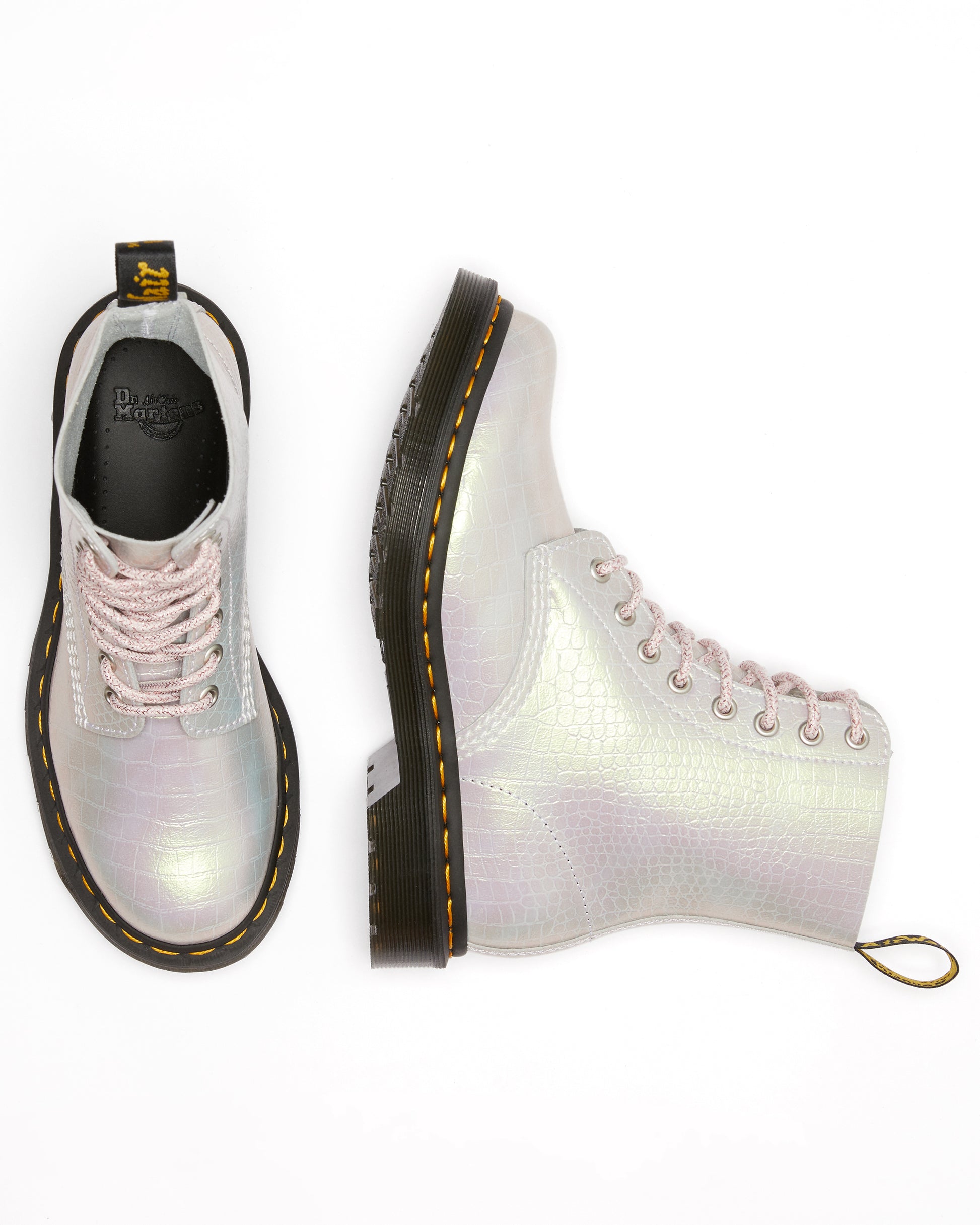 1460 PASCAL PINK IRIDESCENT CROC LEATHER BOOTS