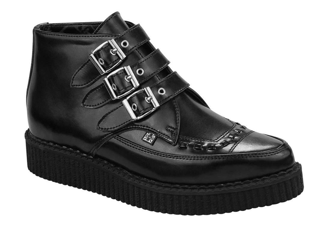 T.U.K BLACK LEATHER 3 BUCKLE POINTED CREEPER BOOT