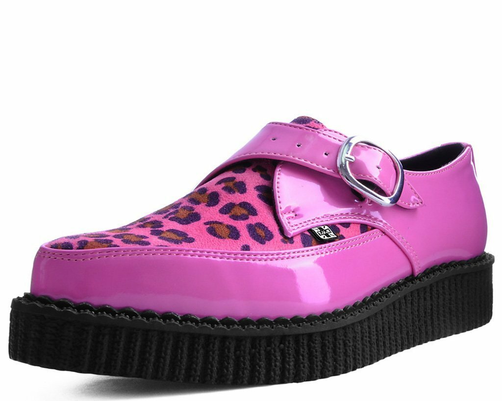 T.U.K PINK PATENT/PINK LEOPARD MONK BUCKLE POINTED CREEPER