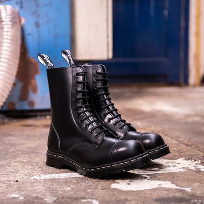 GRIPFAST Black Hi Shine 10 Eye Steel Toe Capped Derby Boot Posers Hollywood