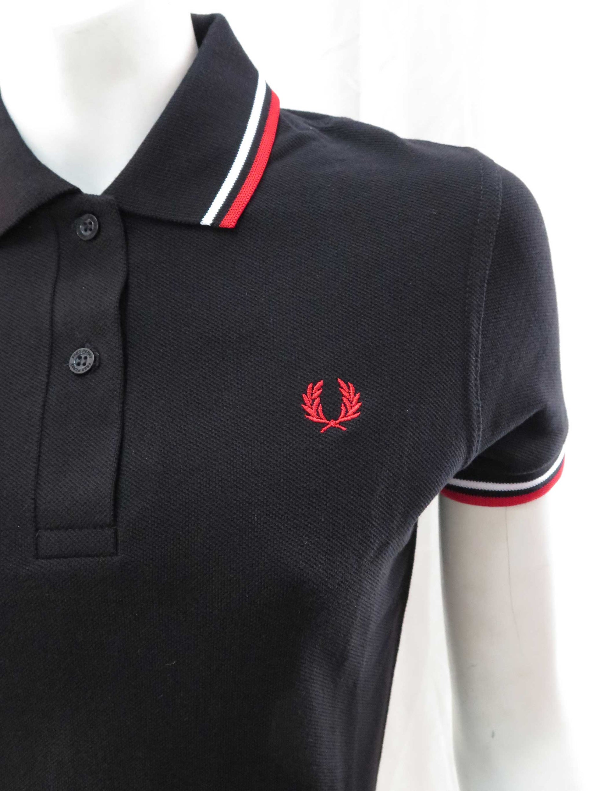 LADIES MADE IN ENGLAND FRED PERRY SHIRT (BLACK/WHITE/RED)