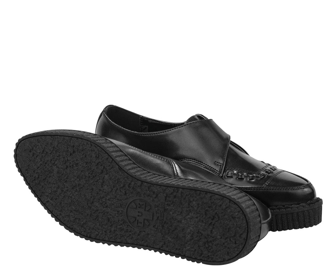 T.U.K BLACK LEATHER STRAP BUCKLE POINTED CREEPER