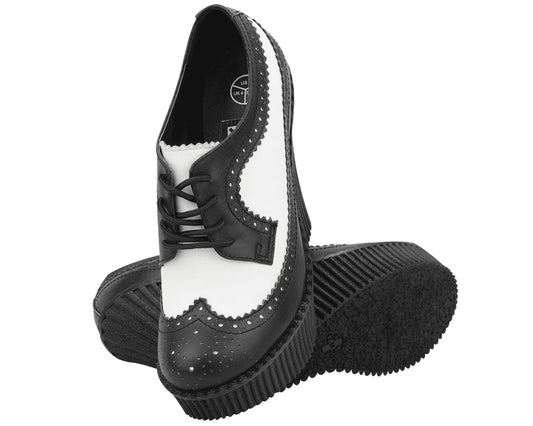 T.U.K BLACK/WHITE LEATHER BROGUE WINGTIP CREEPER WEDGE