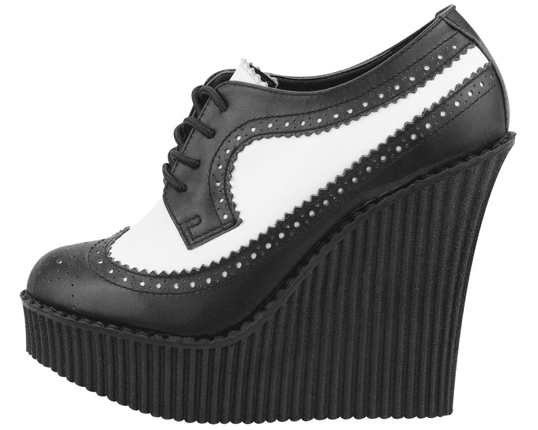 T.U.K BLACK/WHITE LEATHER BROGUE WINGTIP CREEPER WEDGE