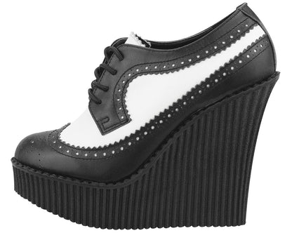T.U.K BLACK/WHITE LEATHER BROGUE WINGTIP CREEPER WEDGE
