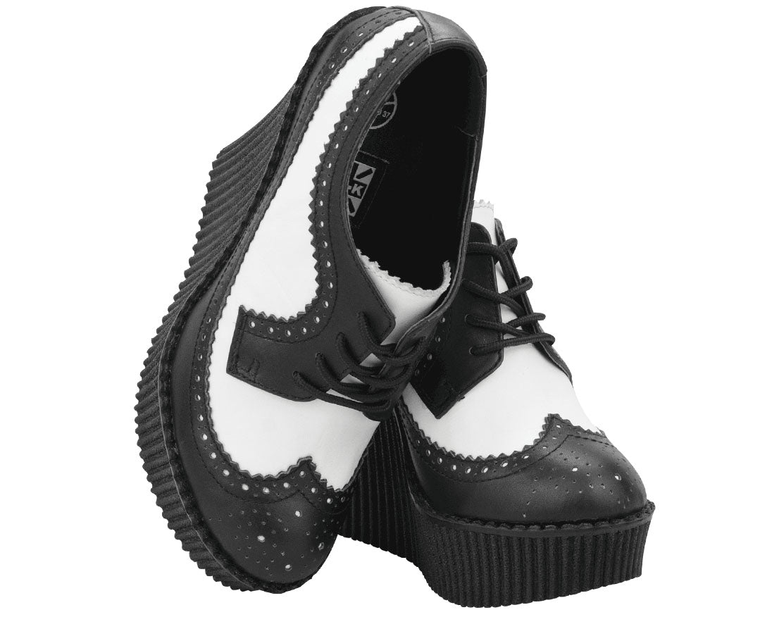 T.U.K BLACK/WHITE LEATHER BROGUE WINGTIP CREEPER WEDGE