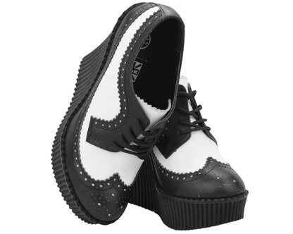 T.U.K BLACK/WHITE LEATHER BROGUE WINGTIP CREEPER WEDGE