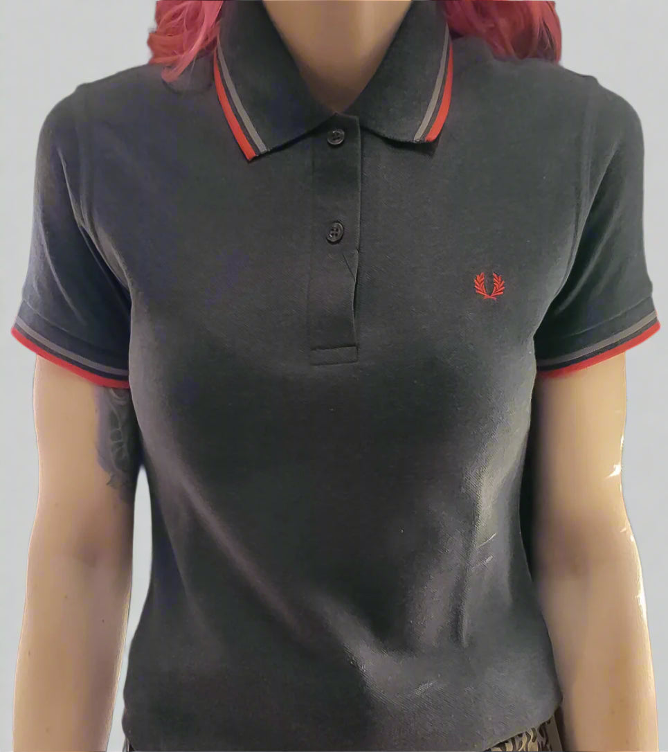 LADIES MADE IN ENGLAND FRED PERRY SHIRT (CHARCOAL/ GREY/RED)