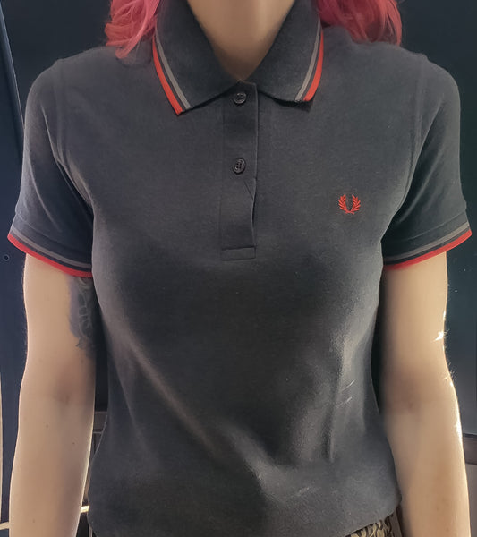 LADIES MADE IN ENGLAND FRED PERRY SHIRT (CHARCOAL/ GREY/RED)