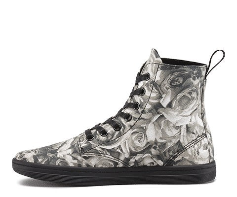 HACKNEY BLACK+GREY SKULL AND ROSE PRINT CANVAS BOOT