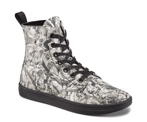 HACKNEY BLACK+GREY SKULL AND ROSE PRINT CANVAS BOOT